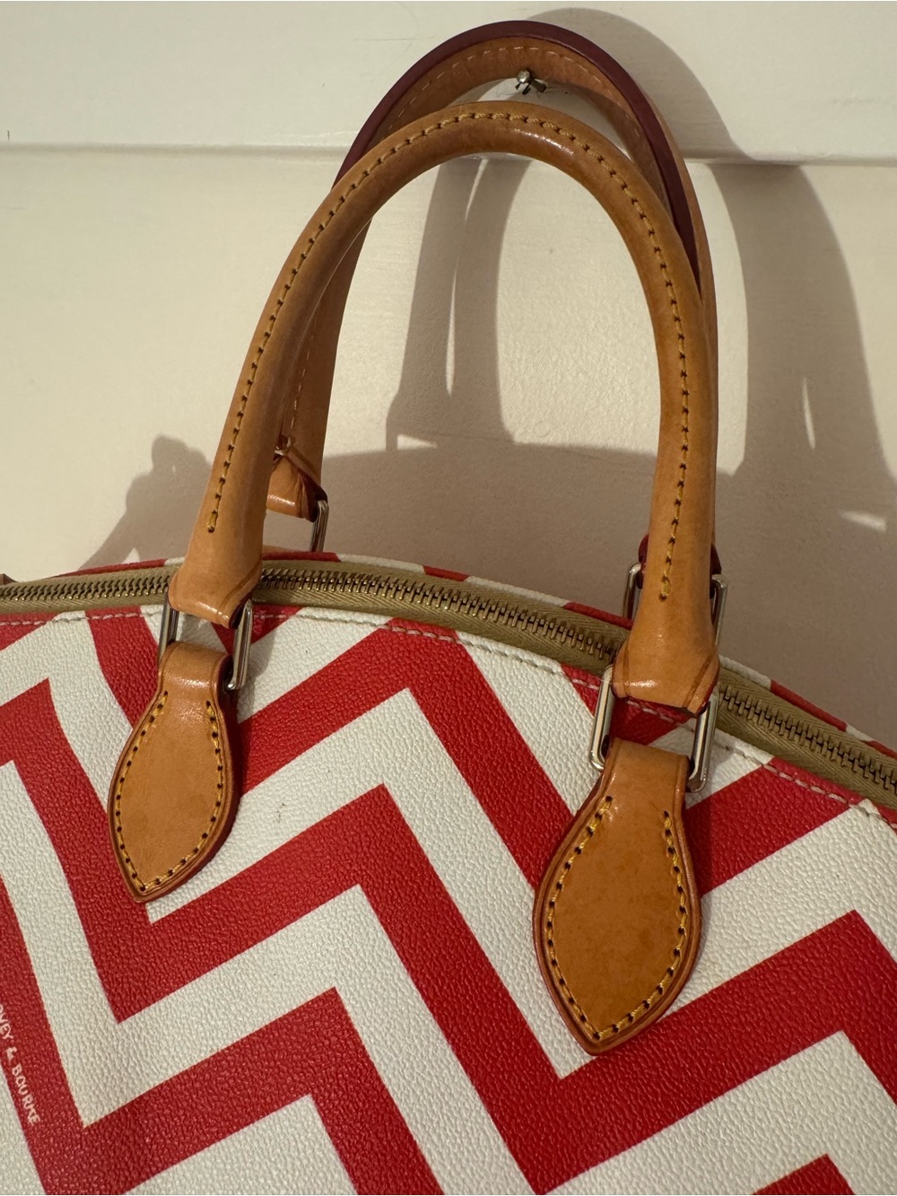 Dooney & Bourke Red and White Chevron Satchel with Tan Trim - Picture 3 of 10
